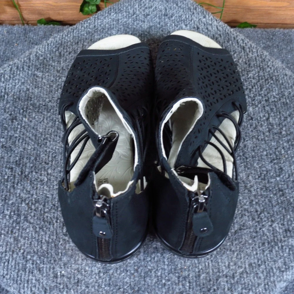 JBU Nelly Women Wedge Sandal 9.5 Fashion Travel Laser Cut Black Vegan Textile